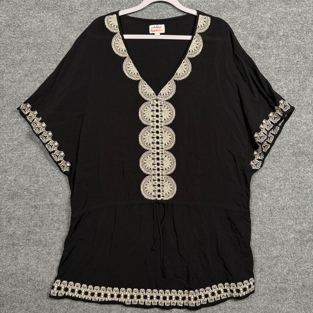 Stella & Dot Medium Embroidered Beach Cover Up Tunic Black Tie Waist V Neck